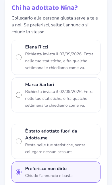 La schermata «Chi ha adottato Nina?» con quattro scelte: due persone che hanno mandato una richiesta, «È stato adottato fuori da Adotta.me» e «Preferisco non dirlo», quest'ultima già selezionata