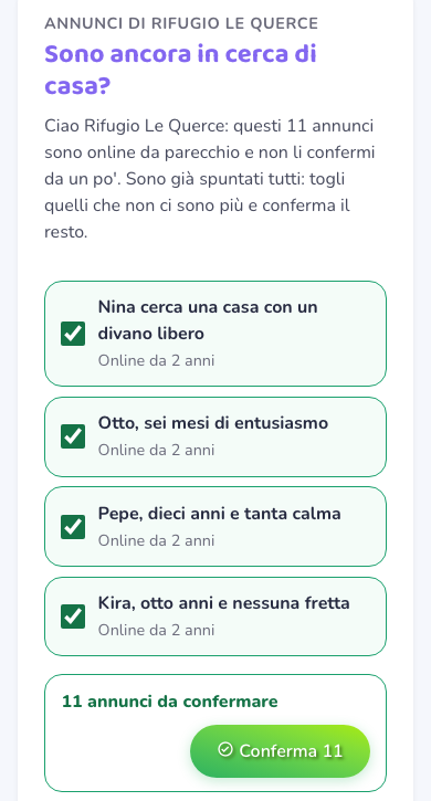 La pagina aperta dal link della mail: in alto «Annunci di Rifugio Le Querce», il titolo «Sono ancora in cerca di casa?», quattro annunci già spuntati con «Online da 2 anni» e in fondo il pulsante «Conferma 11»