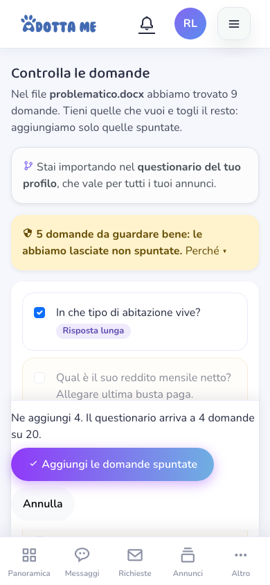 Schermata Controlla le domande: sotto la riga «Nel file problematico.docx abbiamo trovato 9 domande» un riquadro ricorda che si sta importando nel questionario del profilo, un avviso giallo segnala 5 domande da guardare bene lasciate non spuntate, e sotto comincia l'elenco, con la prima domanda spuntata e marcata Risposta lunga