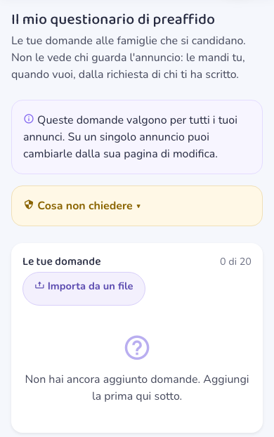 La pagina Il mio questionario di preaffido ancora vuota: nella scheda Le tue domande, accanto al contatore 0 di 20, il pulsante Importa da un file