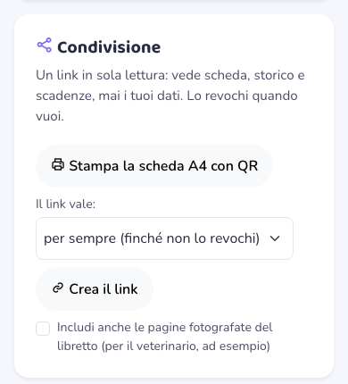 Il riquadro della condivisione: durata del link, creazione e scheda A4 con QR