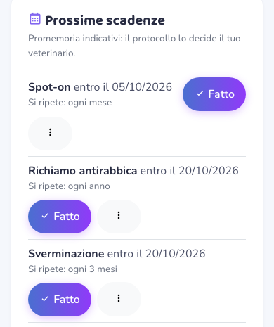Le prossime scadenze con il pulsante «Fatto» accanto a ognuna