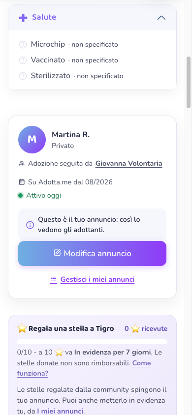 Il riquadro del pubblicatore sull'annuncio, con la riga Adozione seguita da e il nome della volontaria