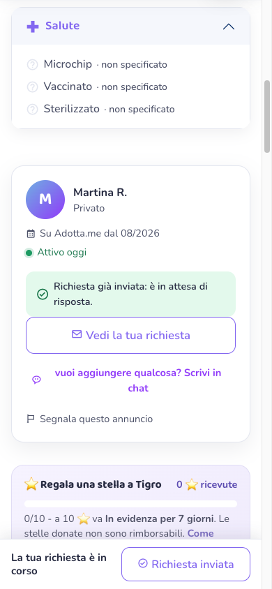 La pagina dell'annuncio che segnala una richiesta già inviata e in attesa di risposta