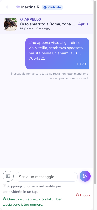 Una segnalazione in chat con il numero di telefono al primo messaggio