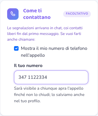 Il blocco Come ti contattano con la scelta di mostrare il numero